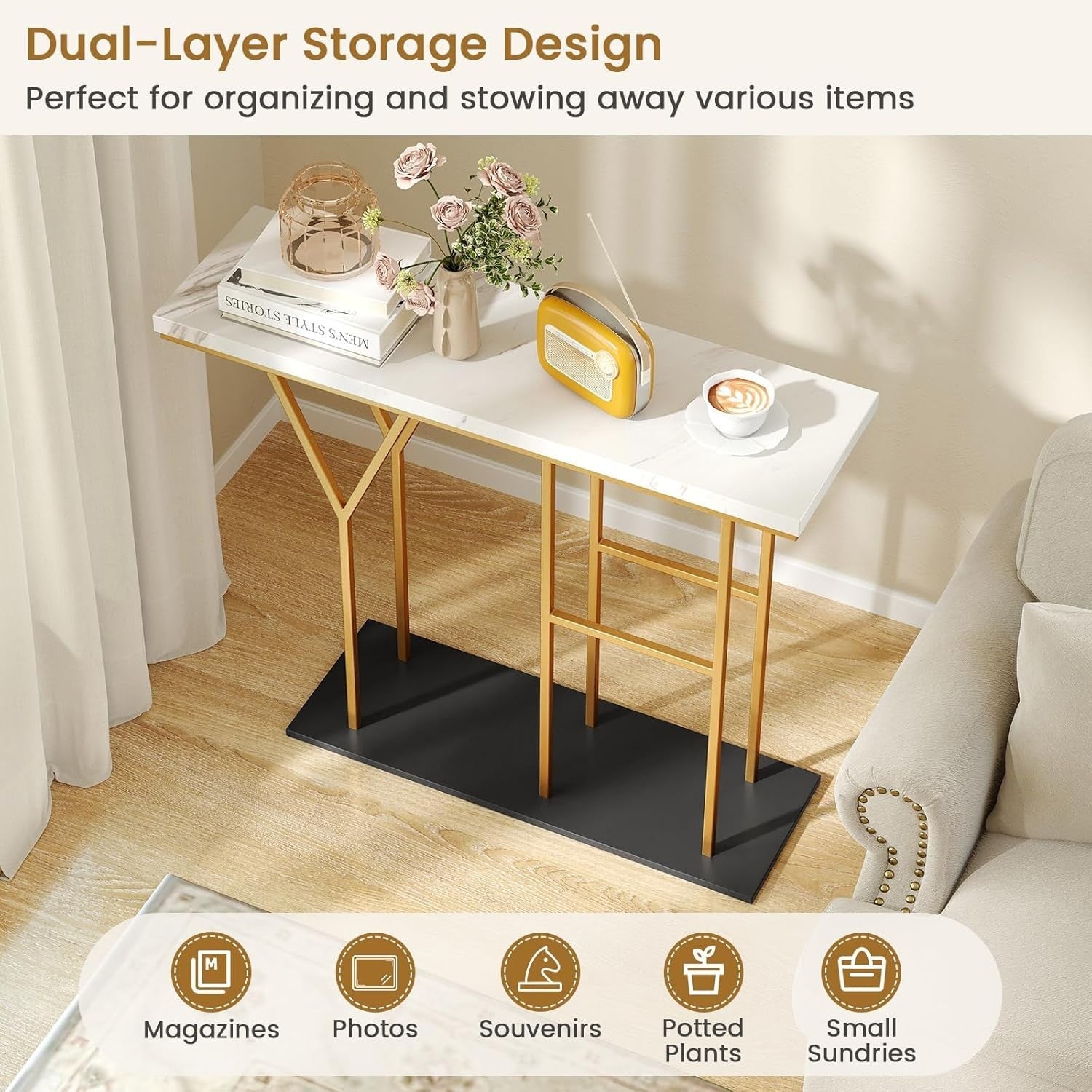 Slim Console Table Faux Marble Hallway Desk | Gold Frame, 2 Tier Storage