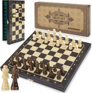 Wooden Magnetic Chess Set 30cm Folding Board w/ Storage & Extra Queens Dark