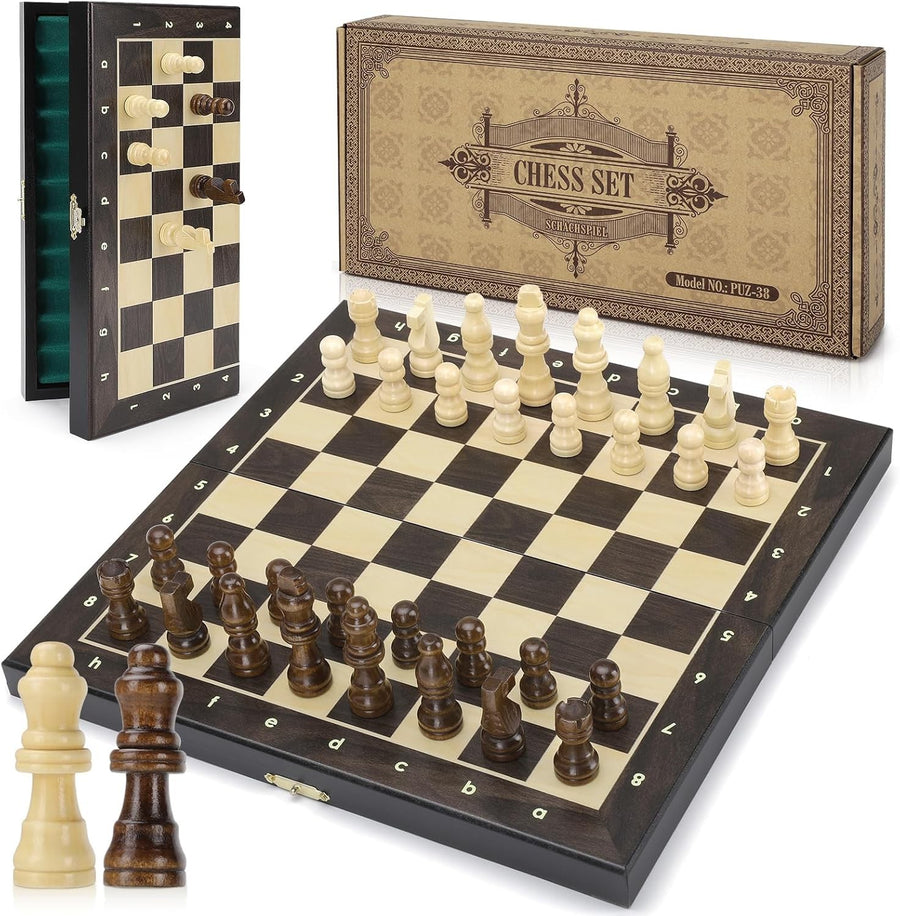 Wooden Magnetic Chess Set 30cm Folding Board w/ Storage & Extra Queens Dark