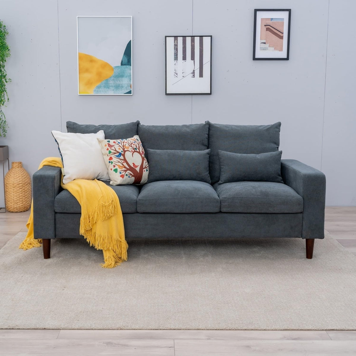 3 Seater Grey Fabric Sofa Upholstered Modern Couch for Living Room Flat