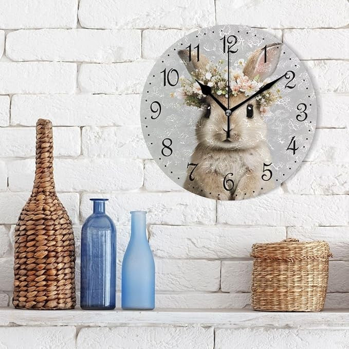 Cute Bunny Floral Wall Clock 25cm Silent Non-Ticking Rustic Nursery Decor