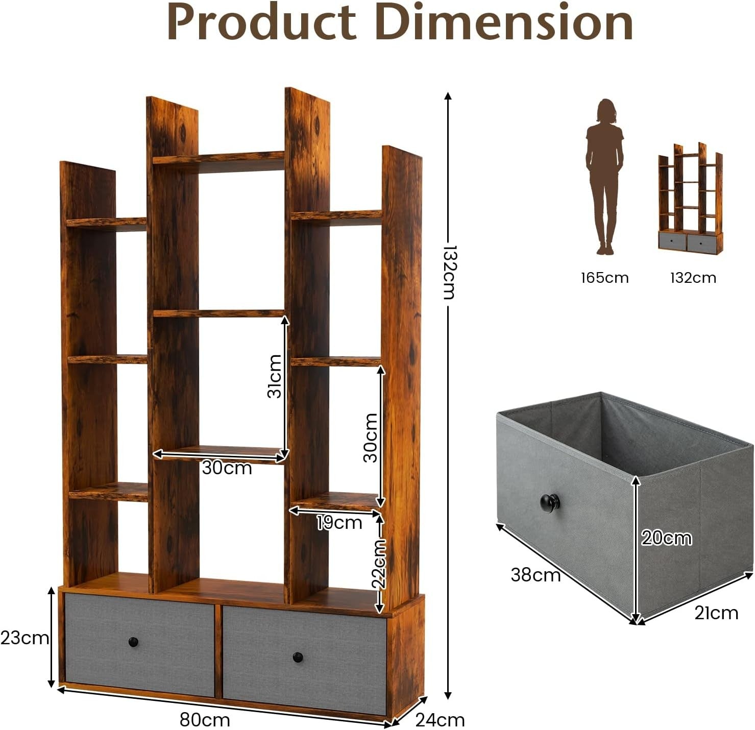 Rustic Brown Tree-Shaped Tall Bookcase 12 Cube Storage Shelf with 2 Drawers