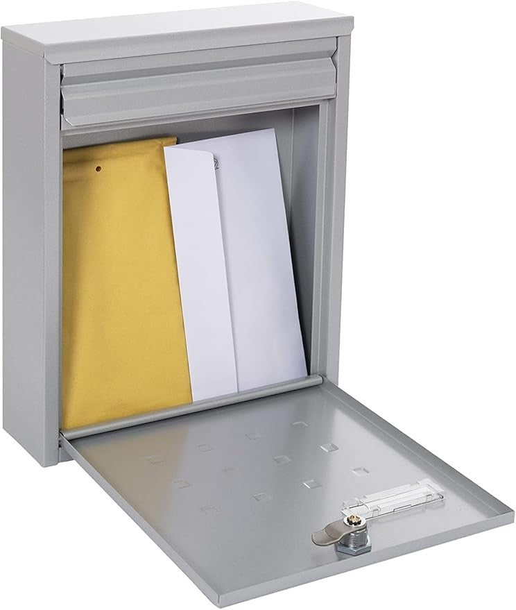 Lockable Wall Mounted Mailbox DIN A4 Size Slim Waterproof Steel Post Box Silver