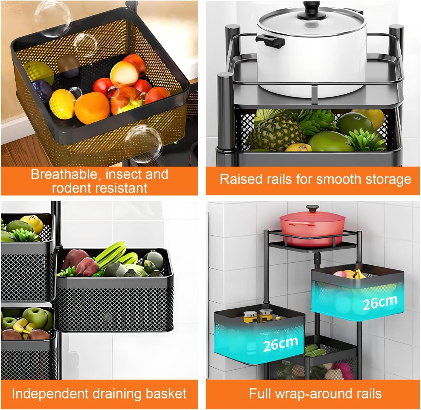 6 Tier Metal Fruit Basket Rotating Storage Trolley with Wheels Black