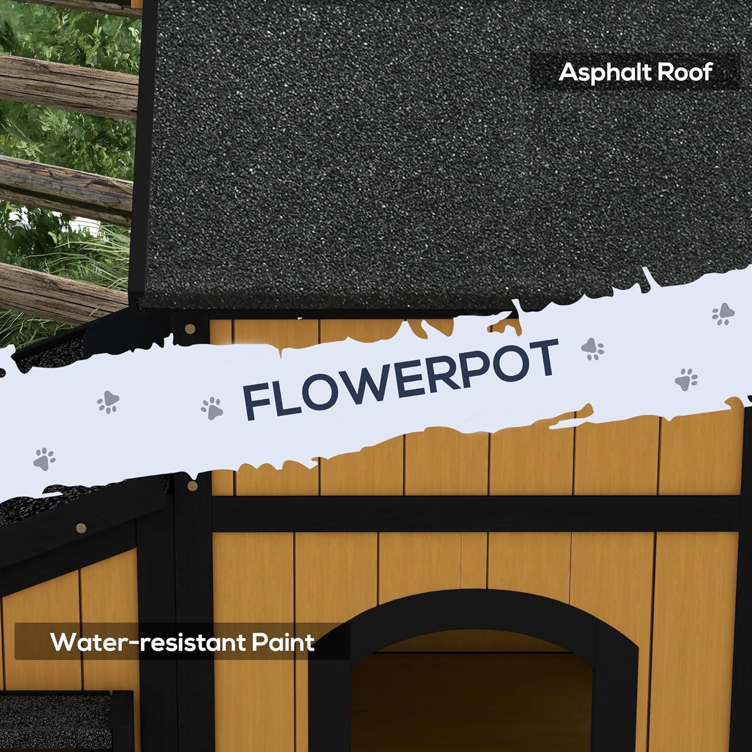 Outdoor Wooden Cat House with Flower Pot, Water-Resistant Roof & Multiple Entran