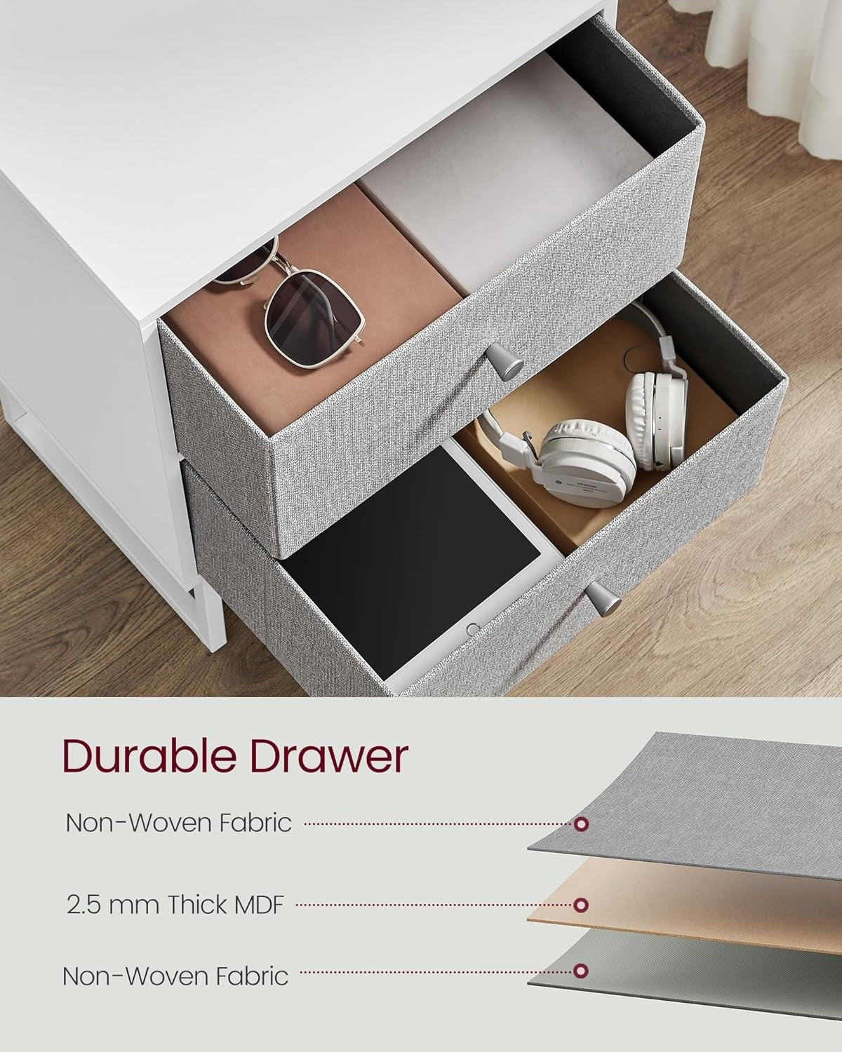 Modern Bedside Table with Fabric Drawers, 2-Tier Storage Cabinet for Bedrooms