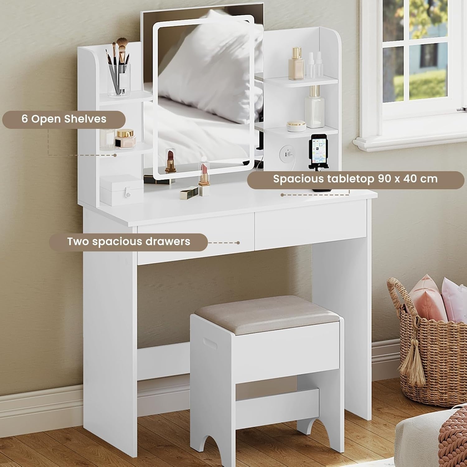 White Vanity Dressing Table Set LED Mirror Glass Top Charging Station 5 Drawers