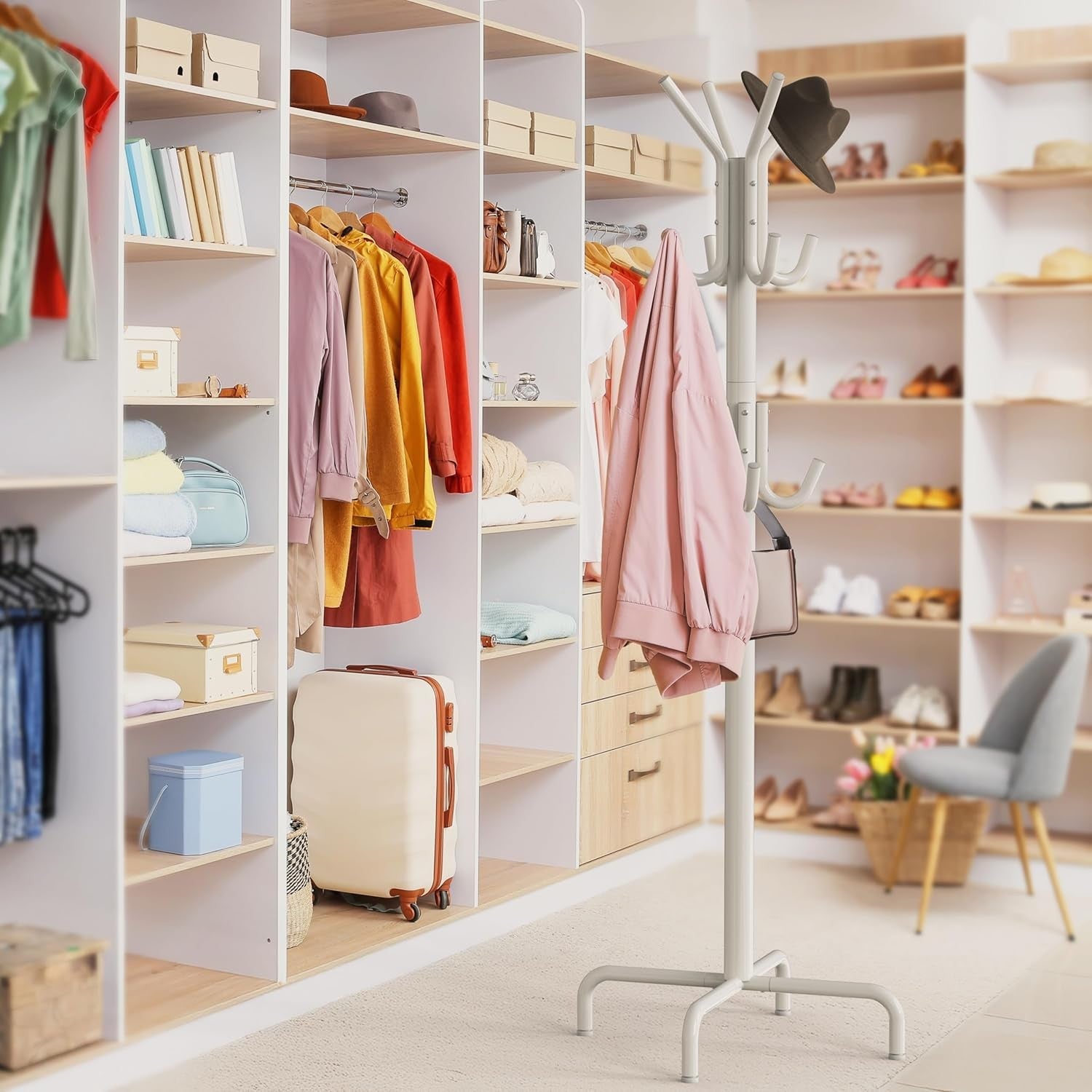 White Metal Standing Coat Rack | 12 Hook Freestanding Clothes & Hat Organizer