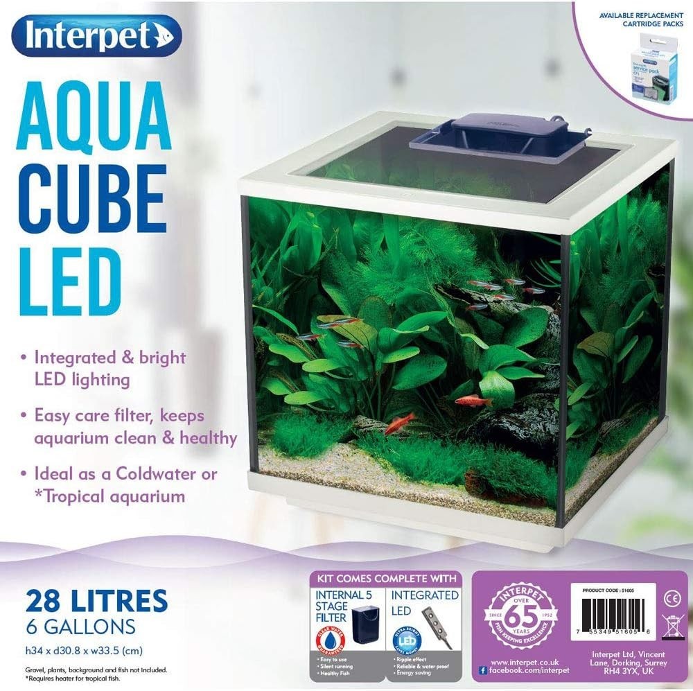 28L Cube Glass Fish Tank with LED Light & Easy Care Filter – Aquarium