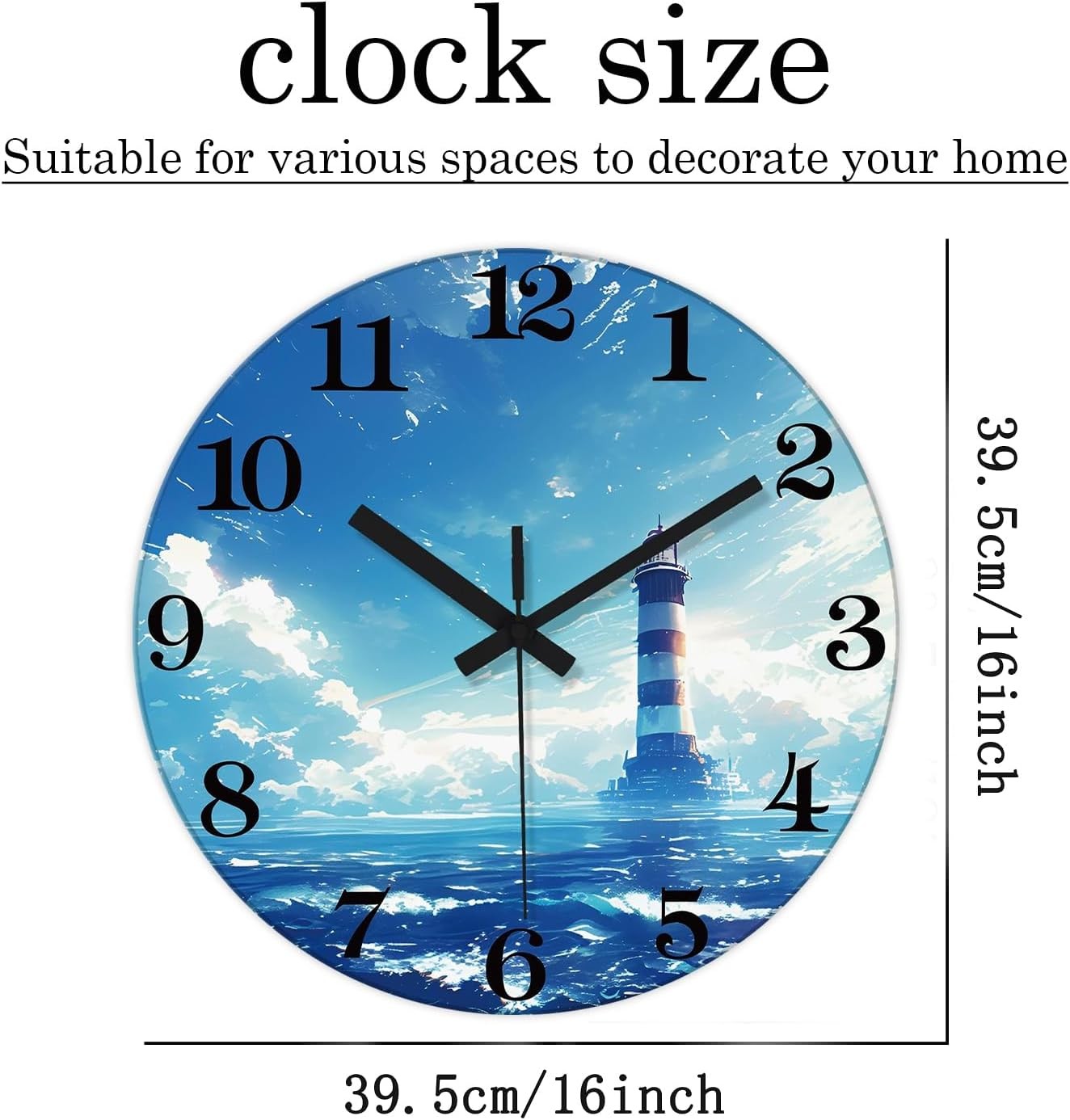 12" Blue Lighthouse Wall Clock Silent Non-Ticking Glass Coastal Kitchen Decor