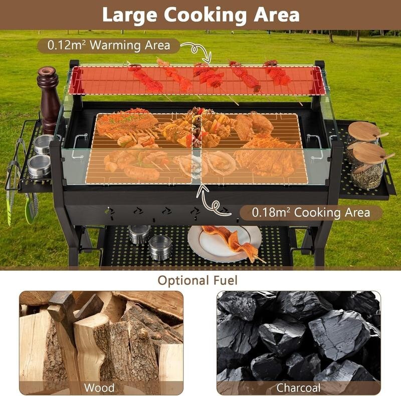 2-in-1 BBQ Grill & Fire Pit with Glass Shield, Shelf, Gloves, Racks