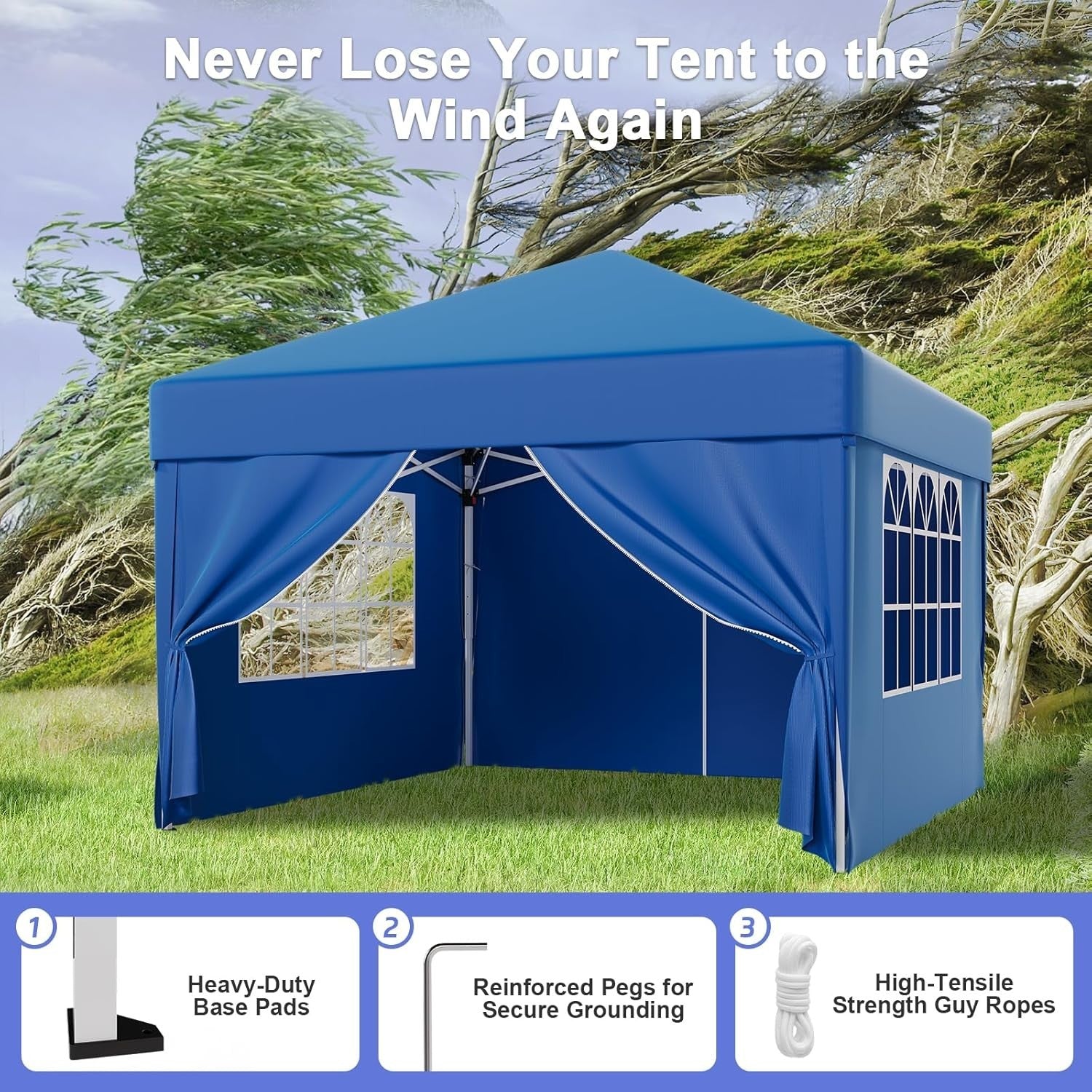 3x3M Blue Pop Up Gazebo With Removable Sidewalls Waterproof Outdoor Tent