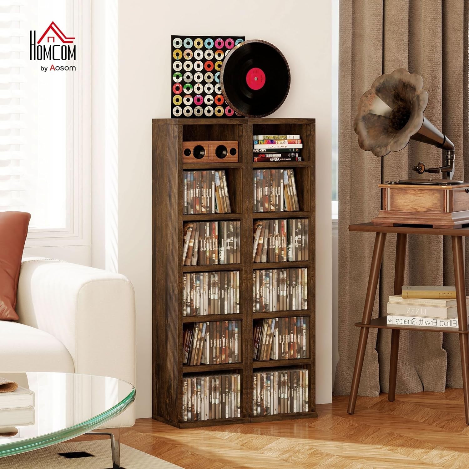 Set of 2 Rustic Brown Media Storage Towers – Adjustable CD DVD Blu-Ray Racks