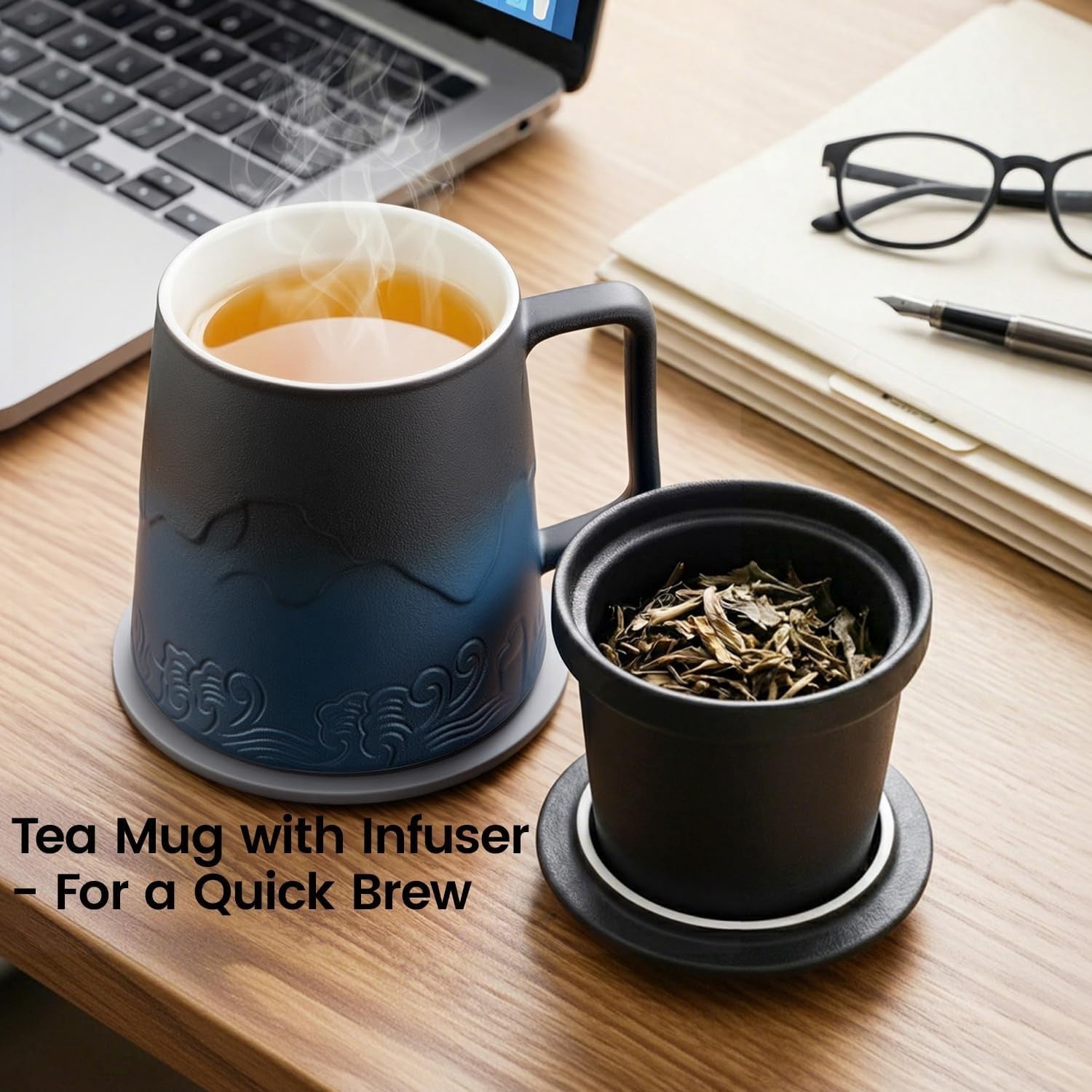 500ml Tea Infuser Mug with Lid Porcelain Loose Leaf Tea Cup Blue