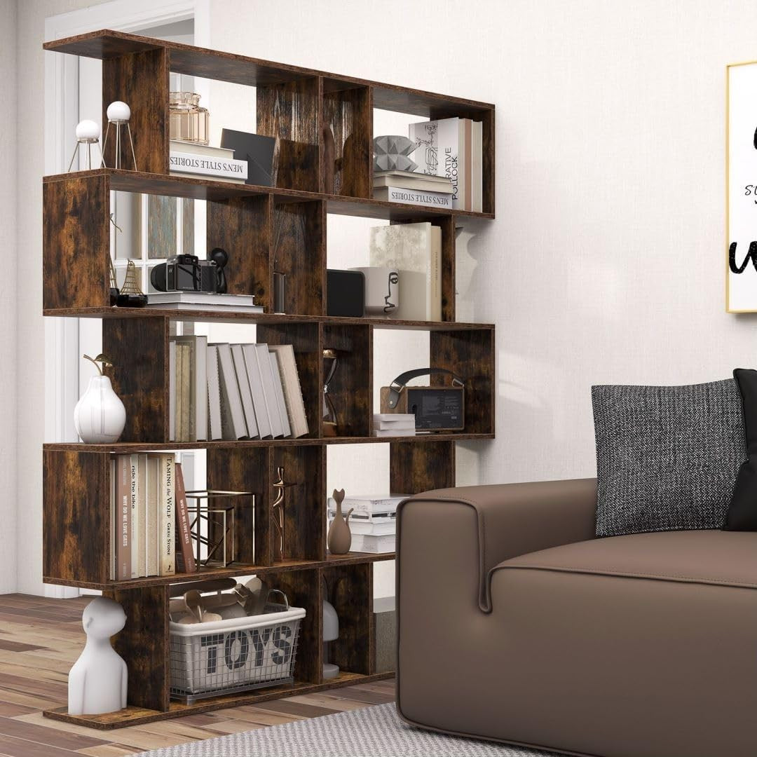 Rustic Brown S-Shaped 5/6 Tier Bookcase Modern Display Shelf Freestanding Unit