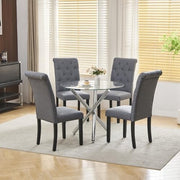 Modern 5-Piece Round Glass Dining Table Set with 4 Grey Fabric Chairs