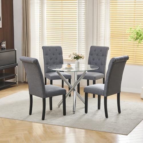 Modern 5-Piece Round Glass Dining Table Set with 4 Grey Fabric Chairs