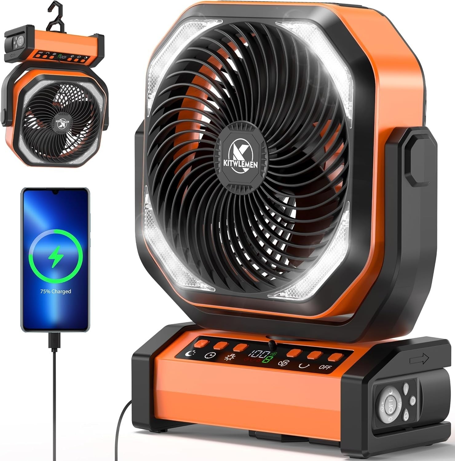Orange Camping Fan – Quiet 20000mAh Rechargeable LED Light w/ Remote & 9 Speeds