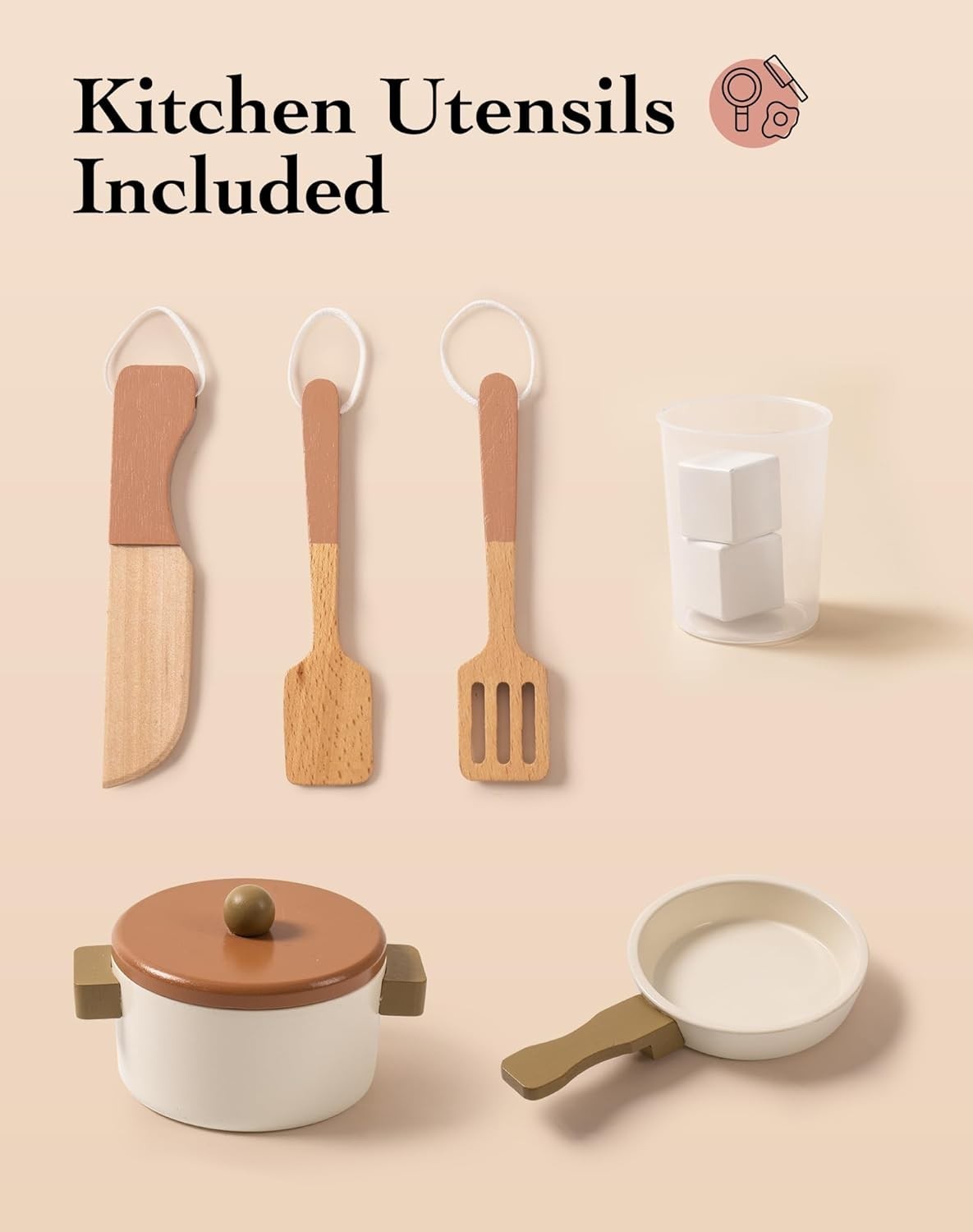 Wooden Kids Play Kitchen w/ Ice Dispenser Vintage Cream Toy