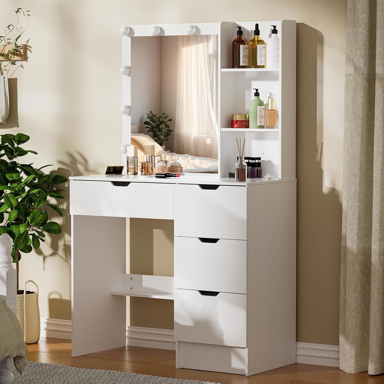 Modern LED Vanity Makeup Dressing Table Desk Mirror Drawers White Bedroom