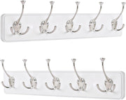2 Pack White Wall Mounted Coat Rack 5 Hooks Wooden Hanging Rail Organizer