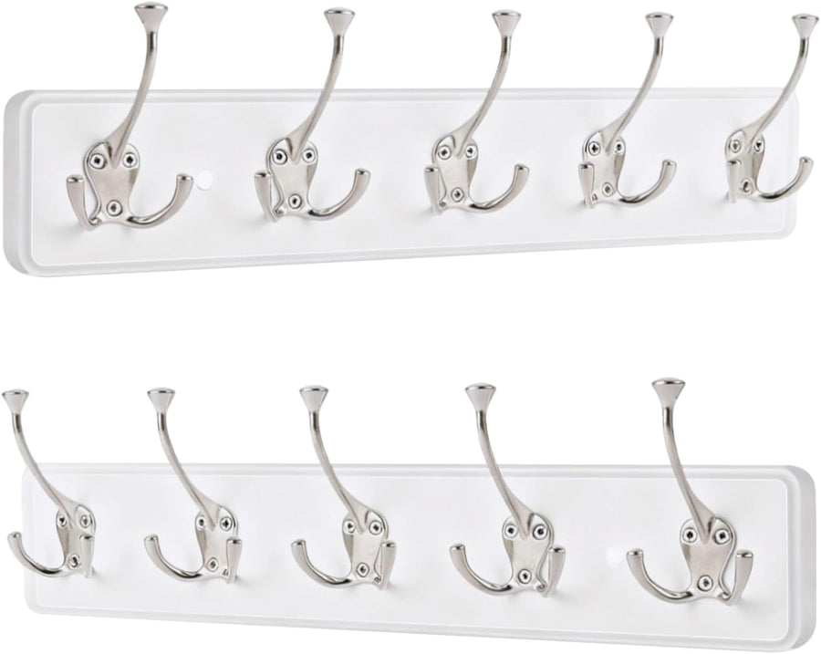 2 Pack White Wall Mounted Coat Rack 5 Hooks Wooden Hanging Rail Organizer