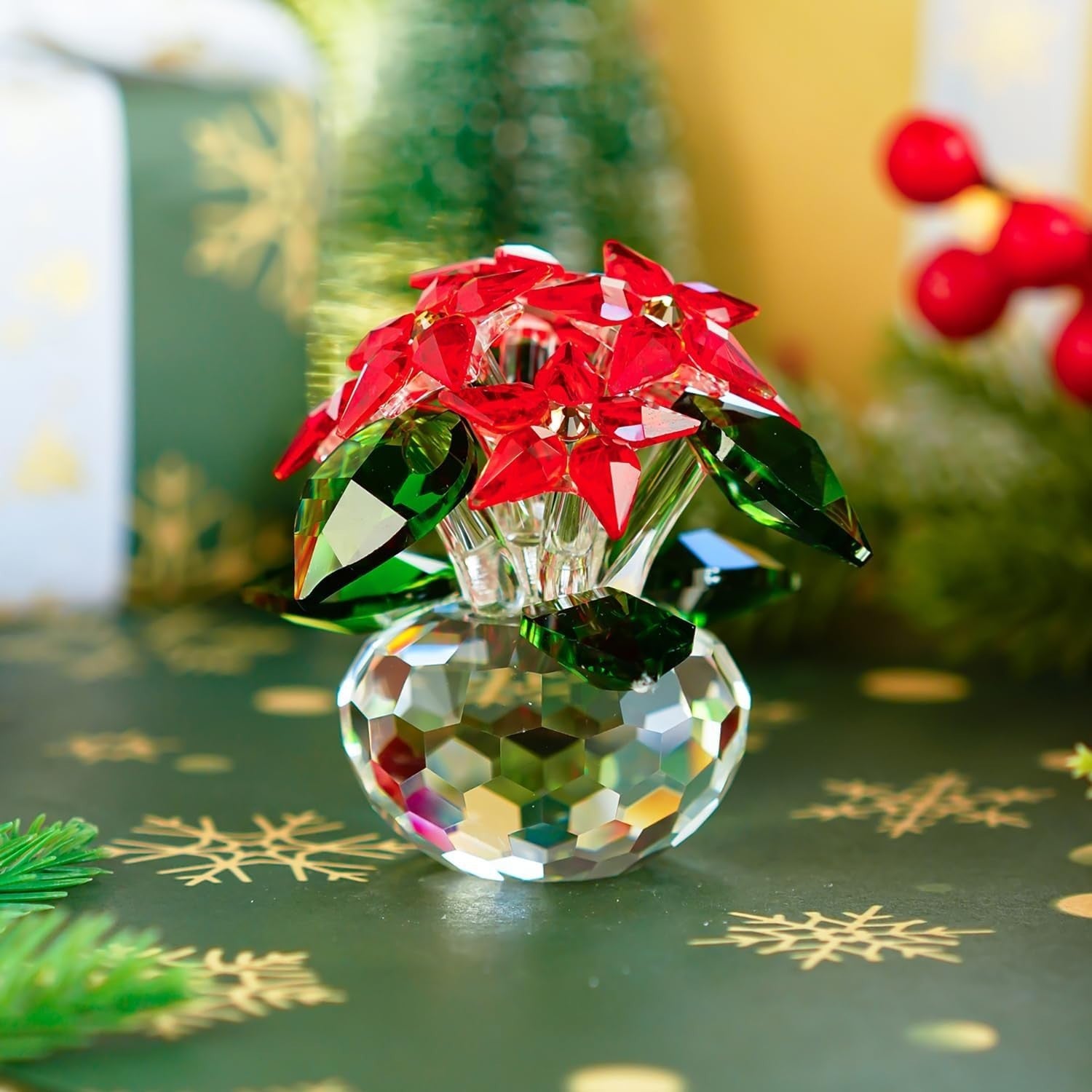 Crystal Poinsettia Flower Ornament • Red Glass Figurine • Luxury Table Décor