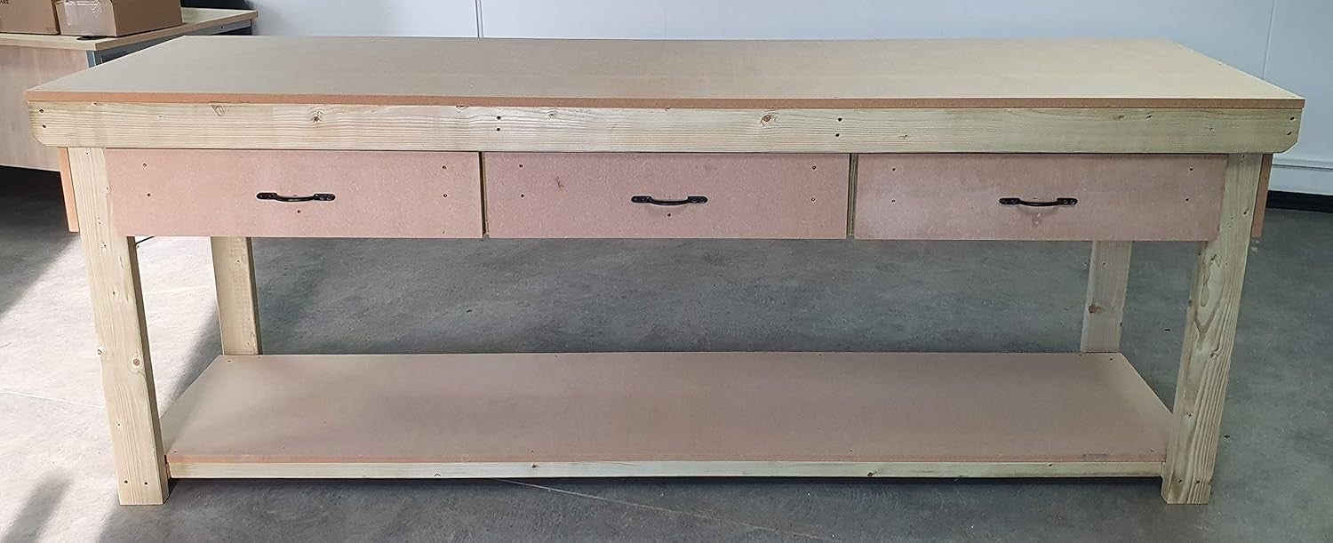 Heavy Duty Wooden Workbench 7ft 18mm MDF Top 3 Drawers Garage Industrial