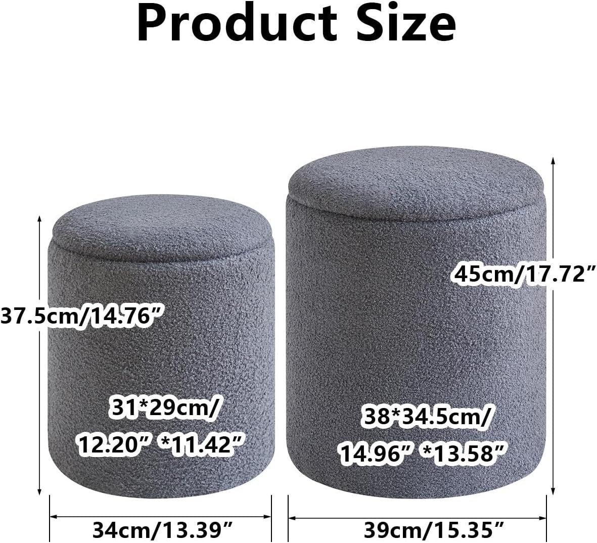 Set of 2 Round Fleece Ottomans with Storage – Nesting Footstools & Side Tables