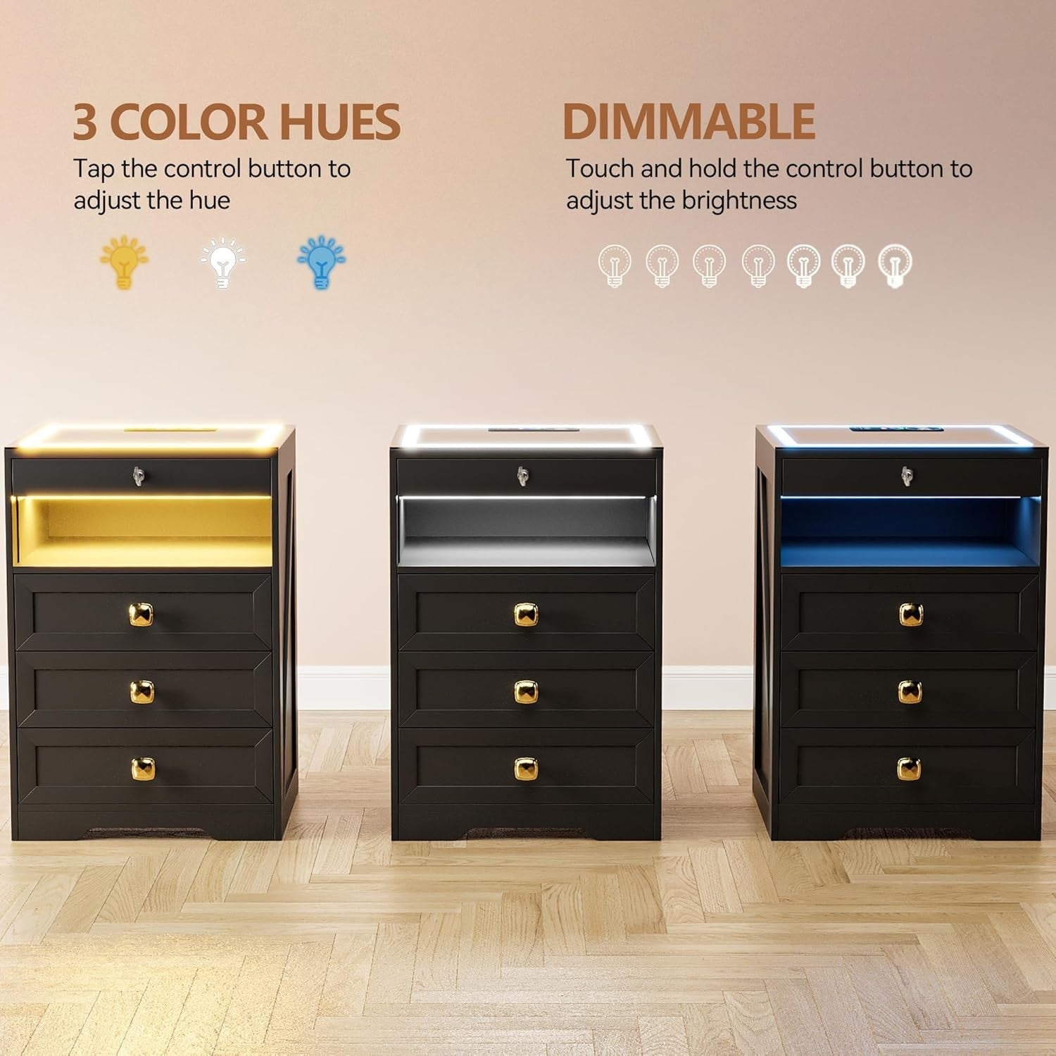 LED Bedside Table with Wireless Charging, 4 Drawers & Lock – Smart Nightstand