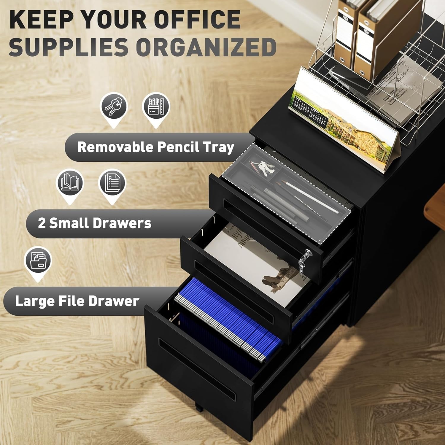 Black 3 Drawer Lockable File Cabinet 30x43.5x60cm Mobile Cabinet