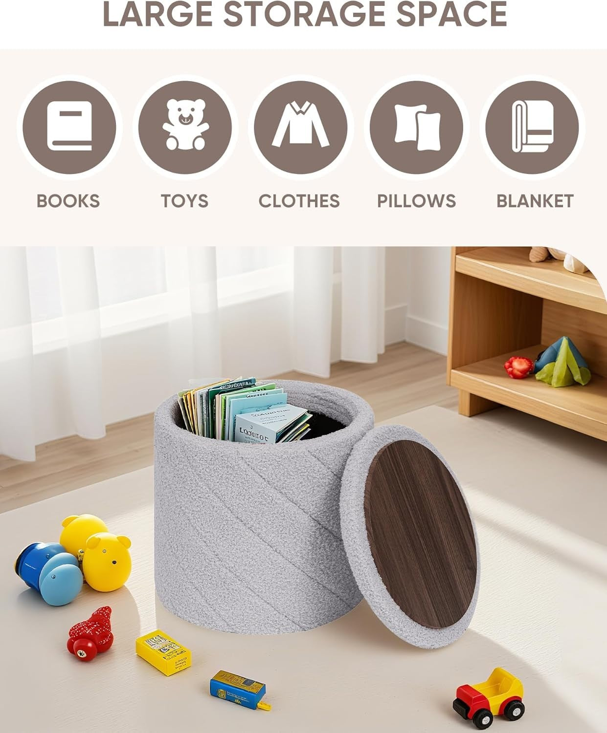 Grey Boucle Round Storage Ottoman Stool Folding Footrest Vanity Seat