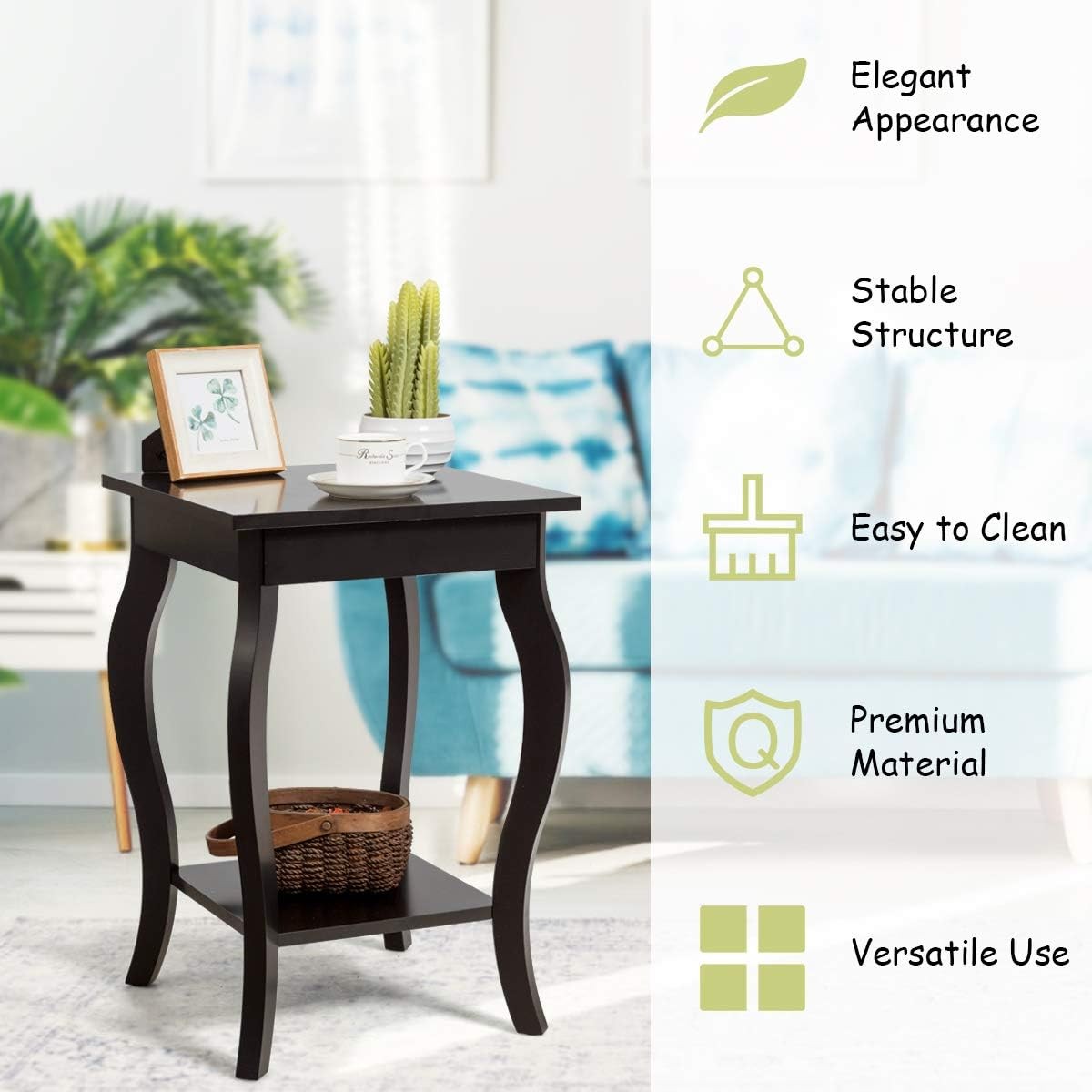 Set of 2 Coffee Brown Wooden Bedside Tables – Modern 2-Tier Side Tables 40×40×60