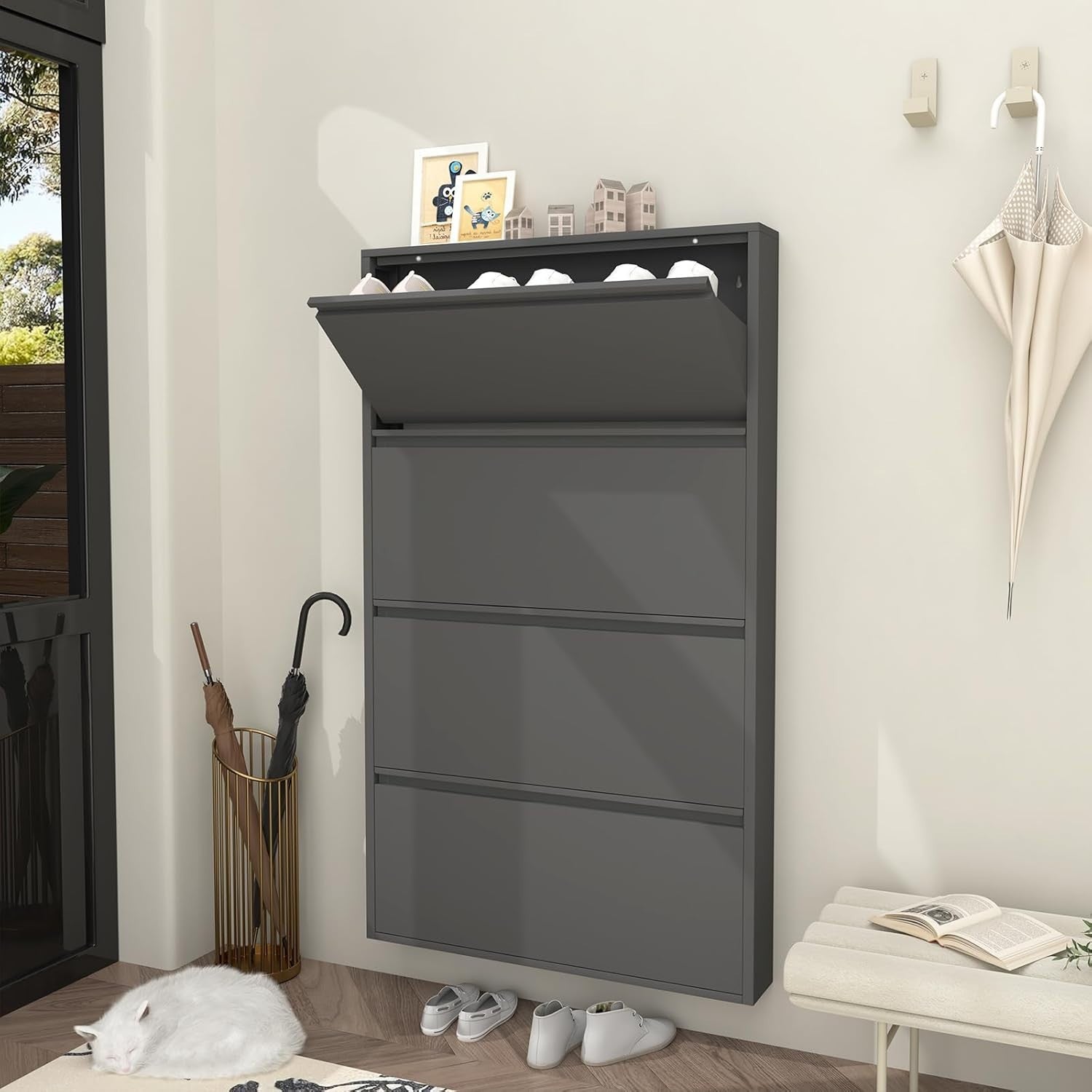 Wall Mounted Narrow Metal Shoe Cabinet 4 Flip Drawers Space Saver