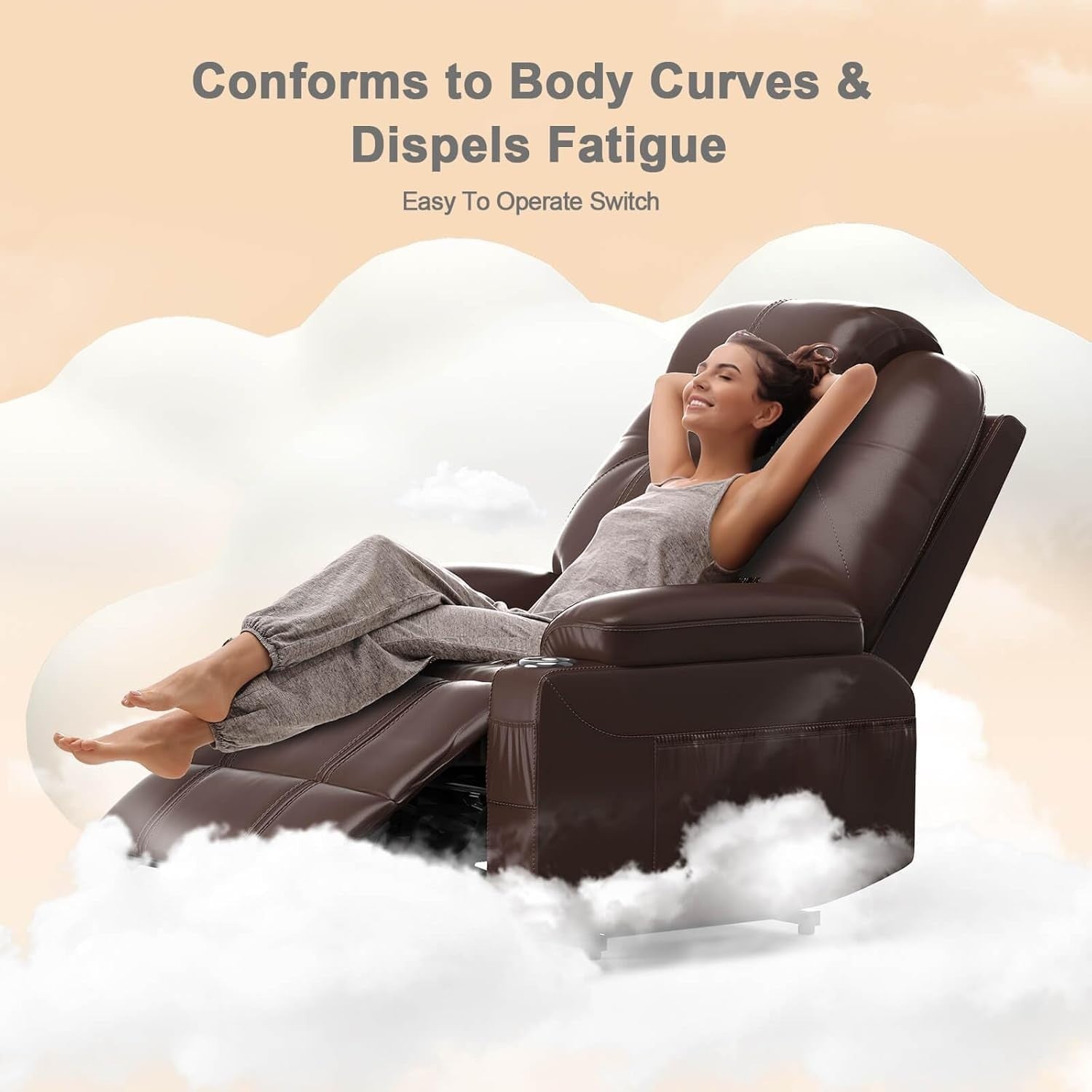 Power Lift Recliner Chair Massage Heat USB Type-C Cup Holders Faux Leather Brown