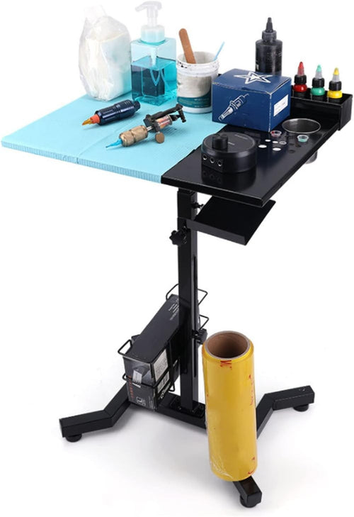 Height Adjustable Tattoo Workstation Mobile Desk with Storage Tray Rolling Stand