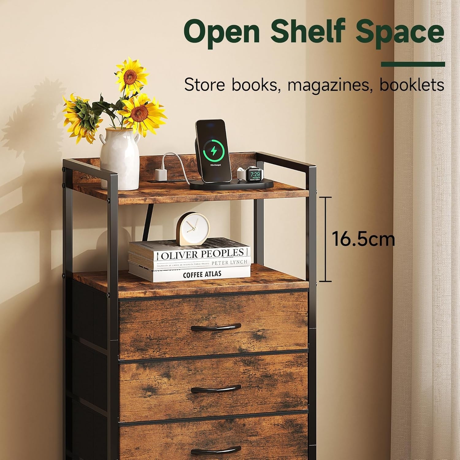 Tall Rustic Brown LED Bedside Table with Charging Ports 5-Drawer Storage Unit