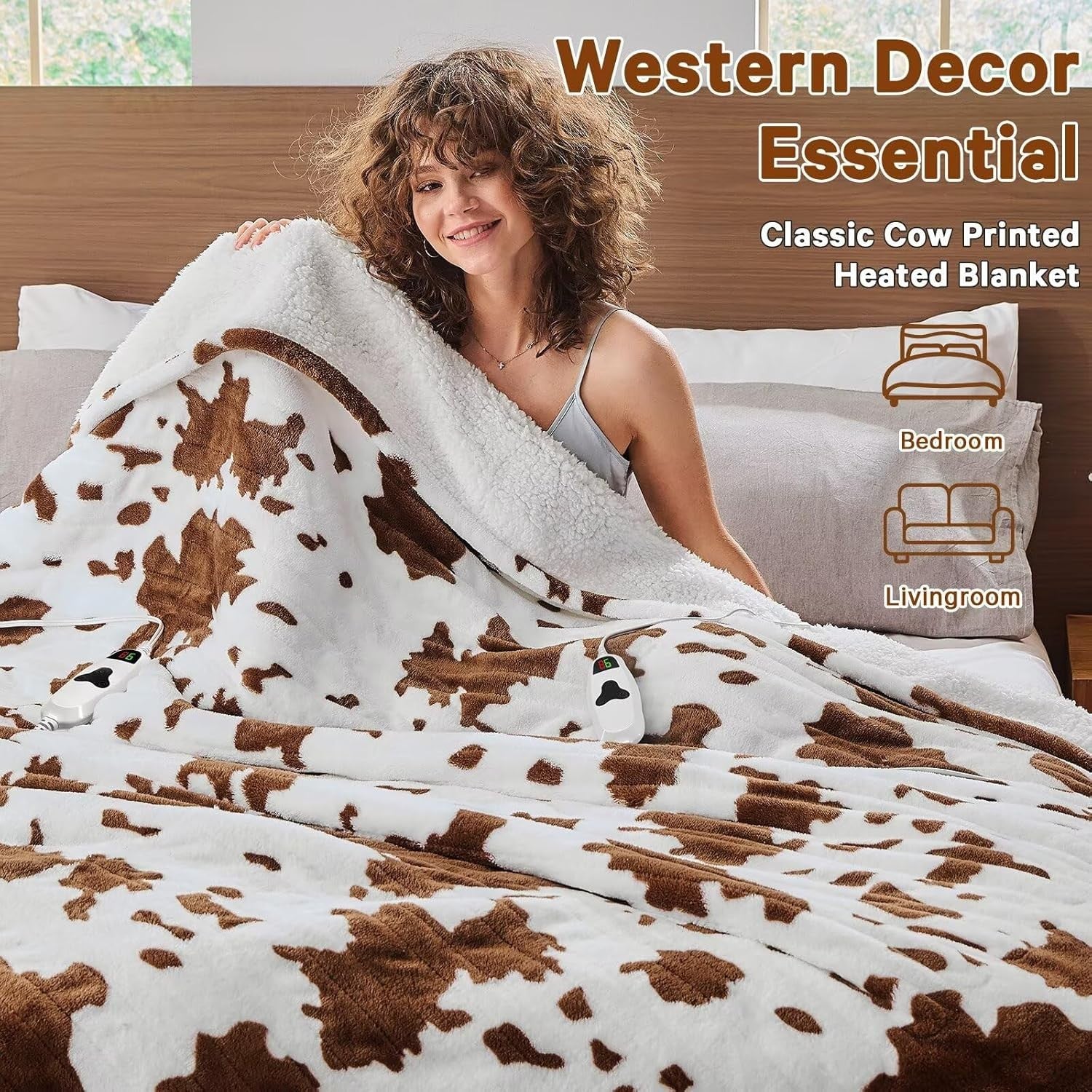 Electric Heated Throw Blanket Cow Print Sherpa 10 Heat Auto Off Washable
