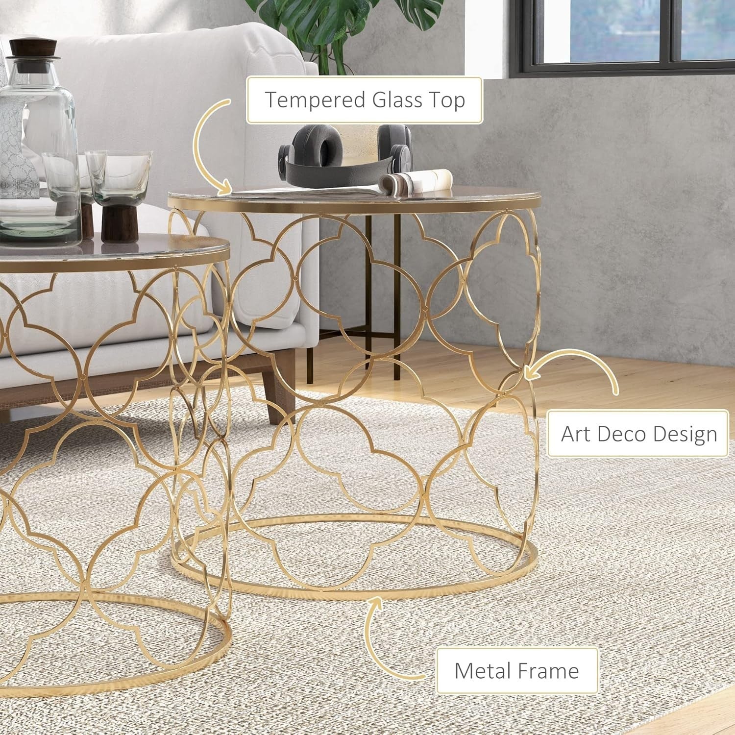 Nest of 2 Round Side End Tables Gold Tone Metal Frame Tempered Glass Top Modern