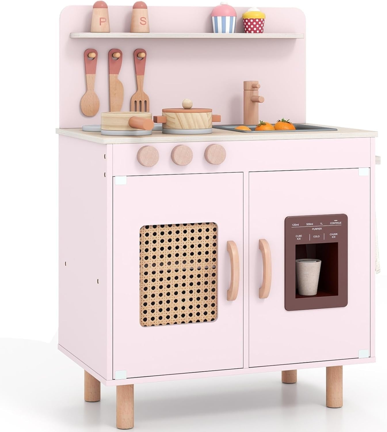 Wooden Kids Play Kitchen Pink w/ Ice Maker Sink Accessories Set