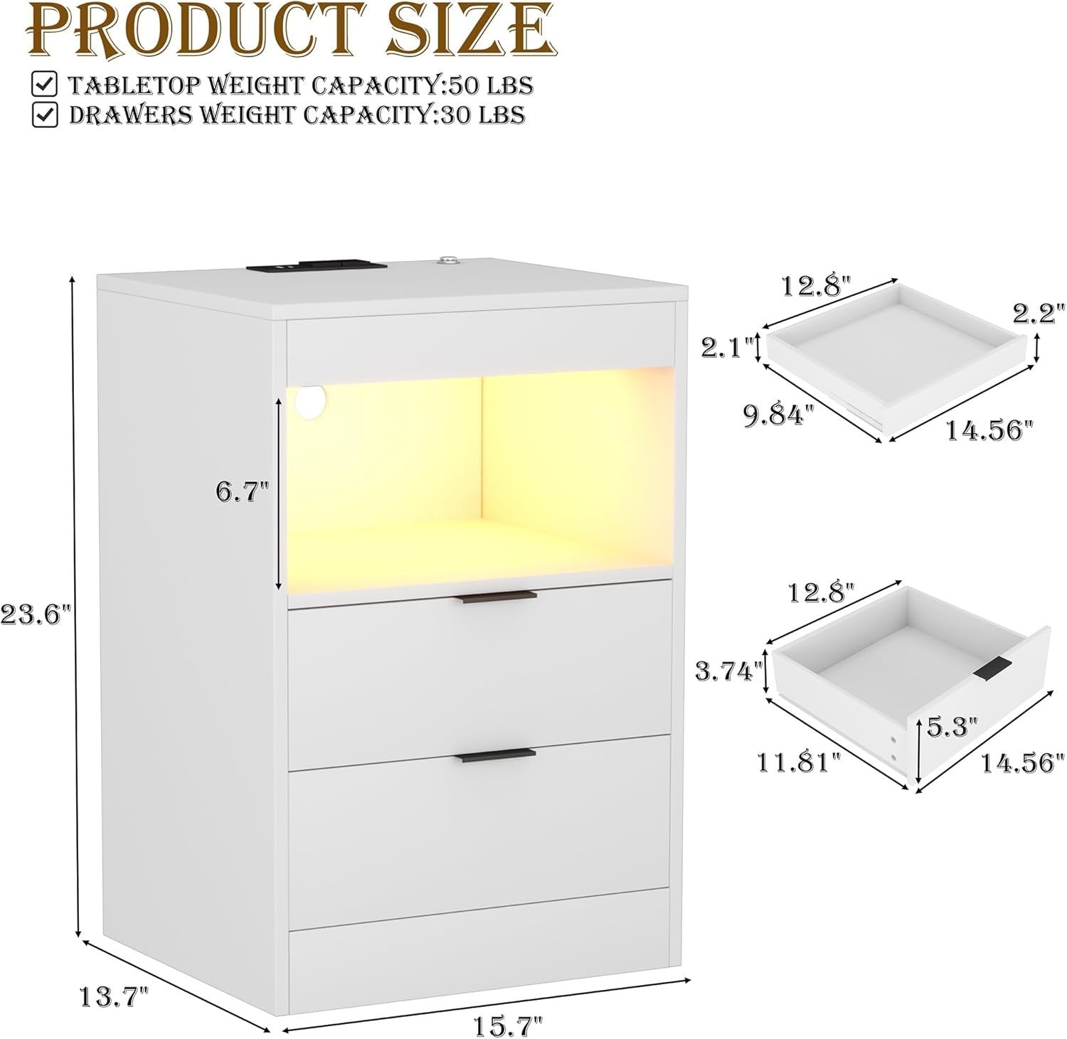 White LED Nightstand with Charging Station – 2 USB Ports, Power Outlets & Drawer