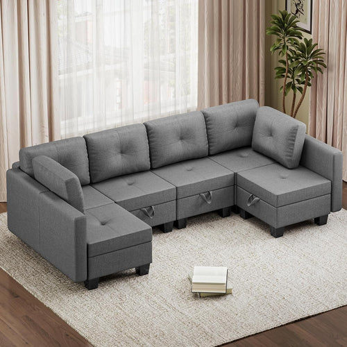 6 Seater Grey Sofa Bed L-Shaped Modular w/Storage Ottoman for Living Room