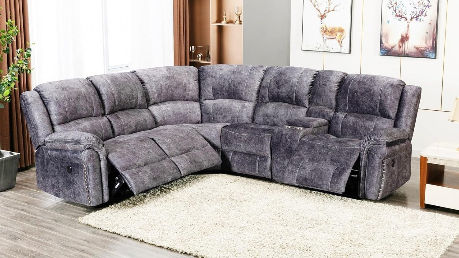 Grey Velvet Electric Recliner Corner Sofa 5 Seater L Shape + USB & Console