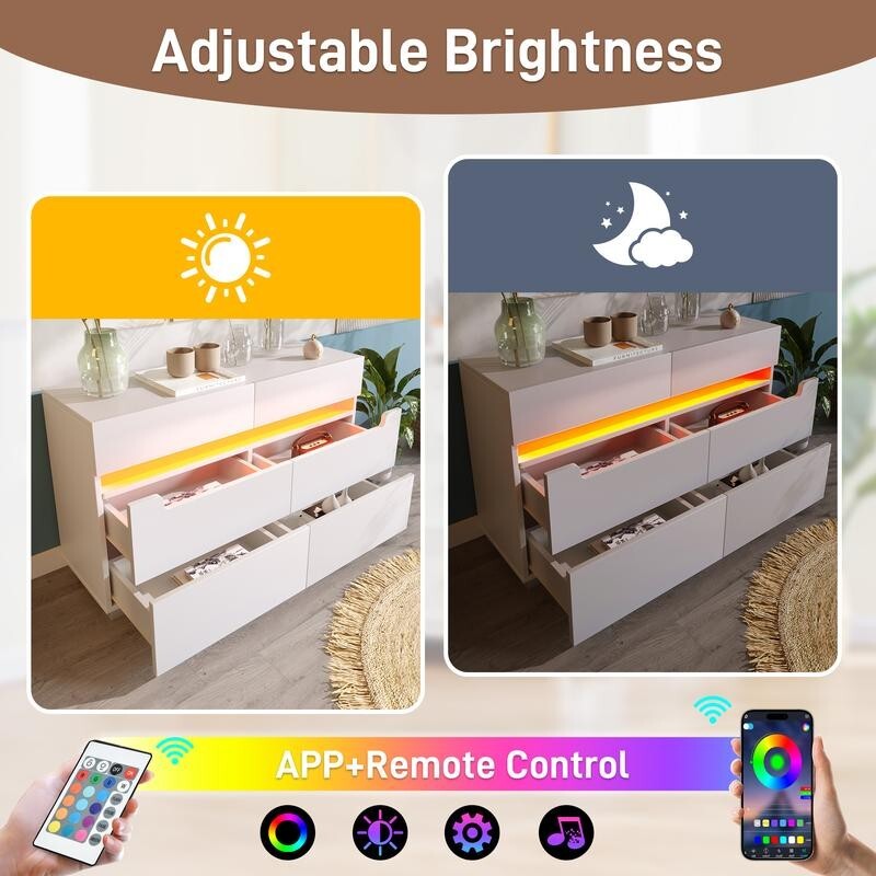 White Sideboard Dresser with RGB LED, 6 Drawers, Storage Chest Unit 120cm