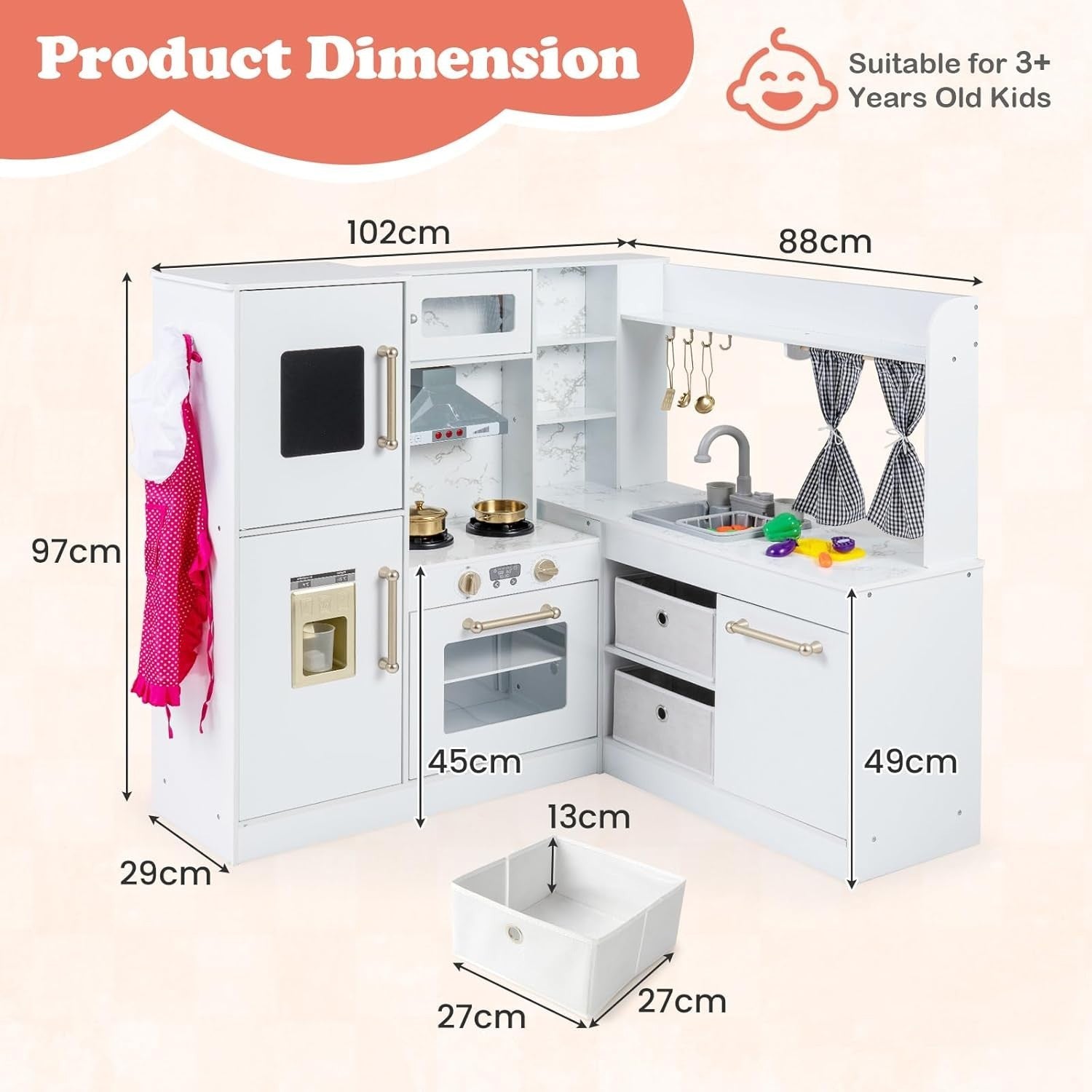 Kids Wooden Play Kitchen Set Lights Sounds Water Ice Maker White Toy