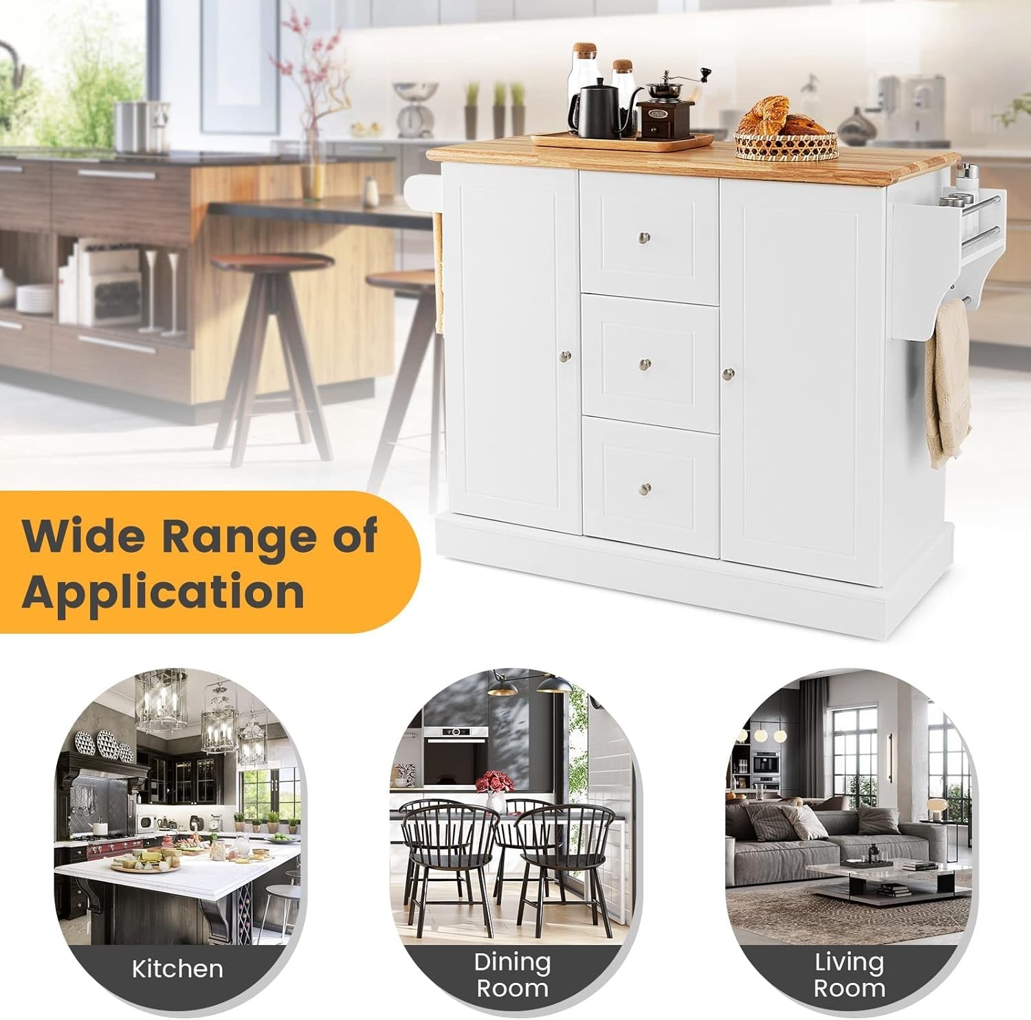 Large Kitchen Island on Wheels Storage Trolley Cabinet Drawers Solid Wood Top