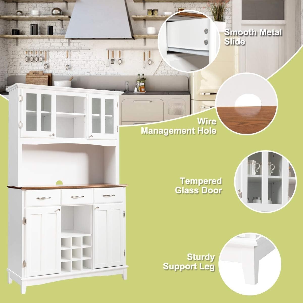 White Tall Kitchen Storage Cabinet Buffet Cupboard with Drawers & Wine