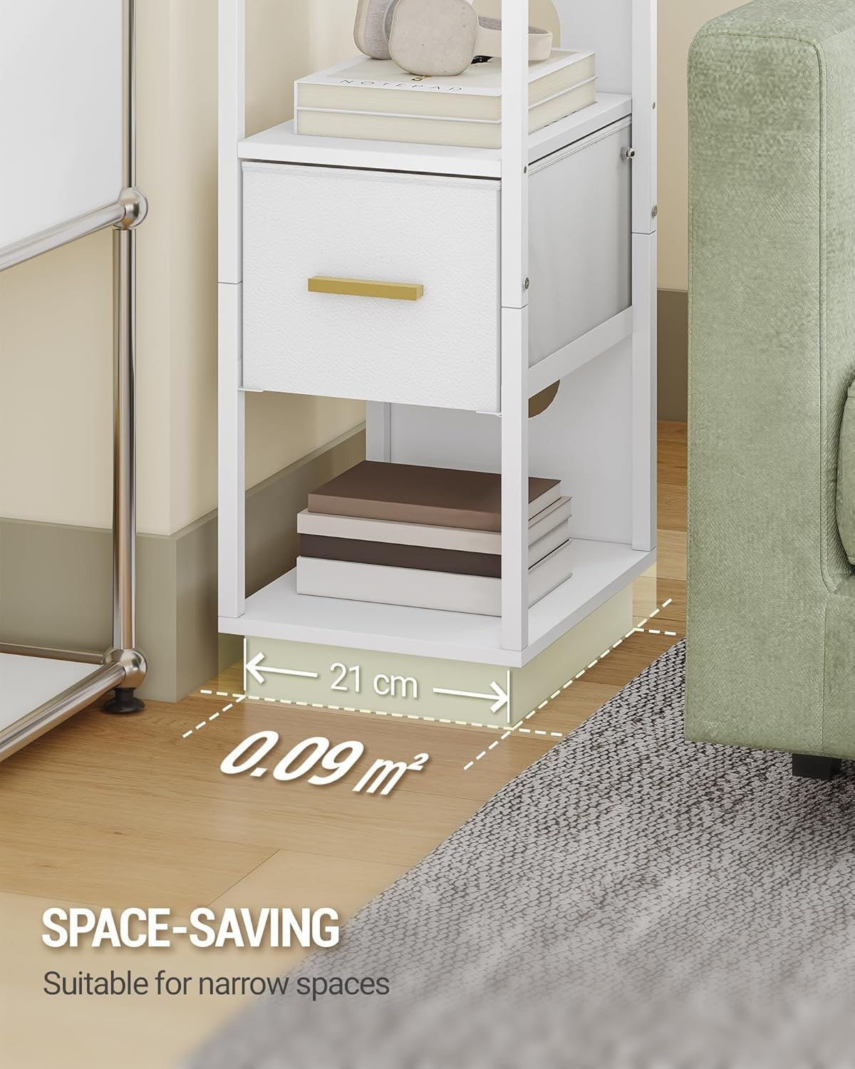 Set of 2 Slim White Bedside Tables – Modern Narrow Nightstands w/ Drawer & Shelv
