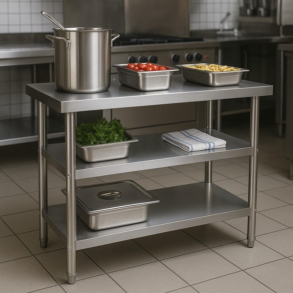 Stainless Steel Work Table 120x60x85cm with 2 Shelves Height Adjustable