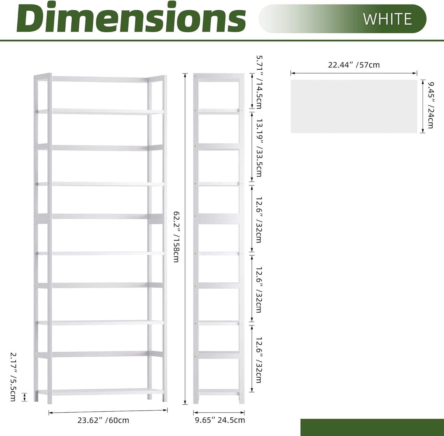 White 5-Tier Industrial Bookshelf, Tall Bamboo Frame Display Storage Unit